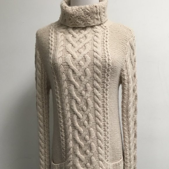James Perse beige / cream 100% cashmere cable cowl tunic sweater pockets 3 L - Picture 2 of 9